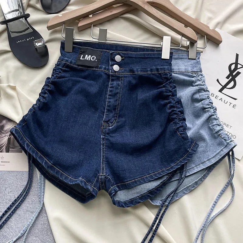 Quần Short Denim Lưng Cao Ống Rộng Phối Dây Rút Mẫu Mới Dành Cho Nữ 2021