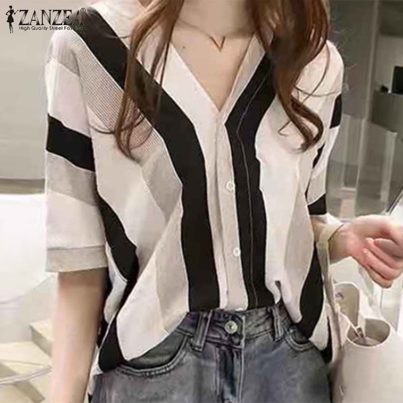 Áo sơ mi ZANZEA tay lửng cổ chữ V họa tiết sọc thời trang dành cho nữ