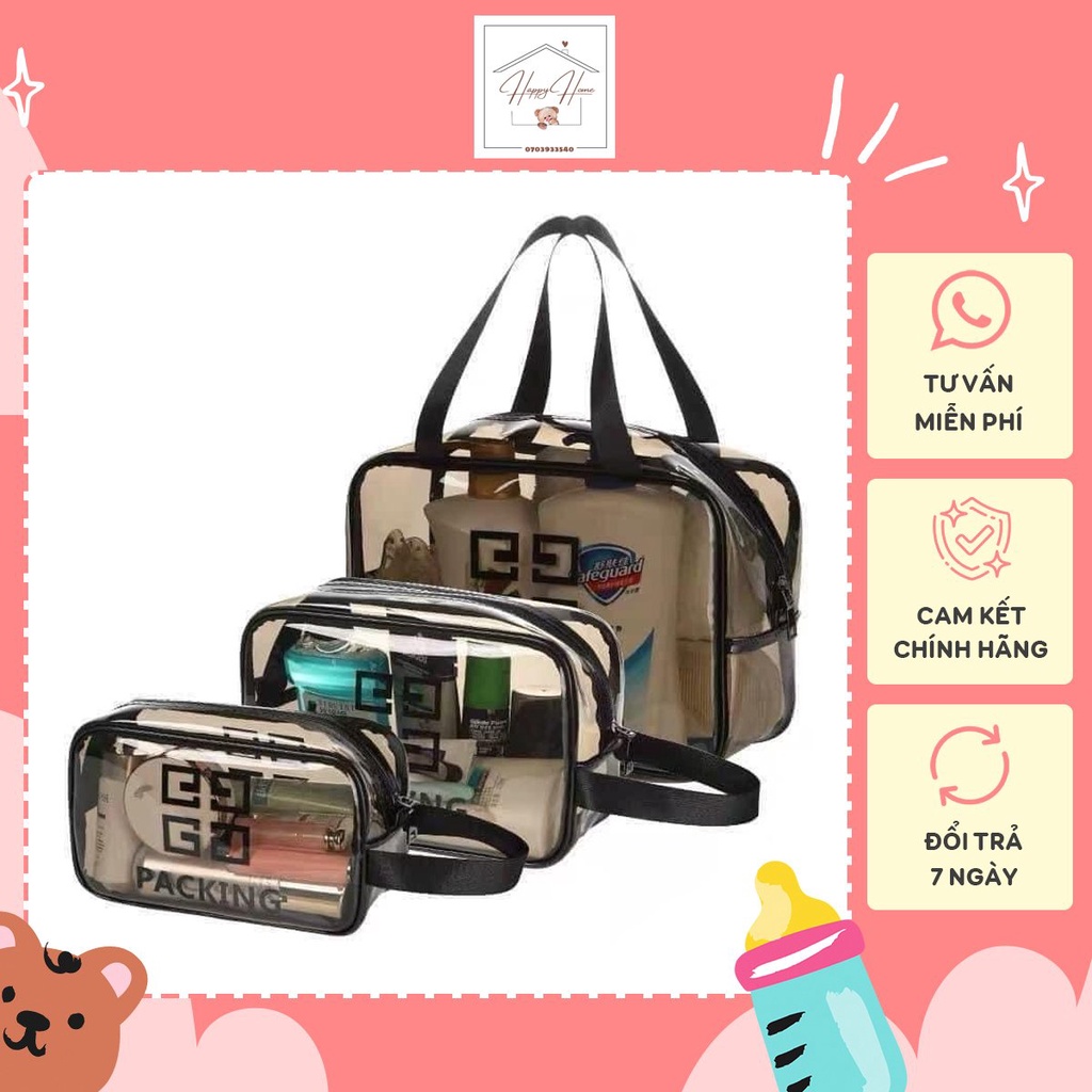 Túi đựng mỹ phẩm du lịch chống nước nhựa PVC cao cấp trong suốt có quai xách SET 3 cái - HAPPY HOME