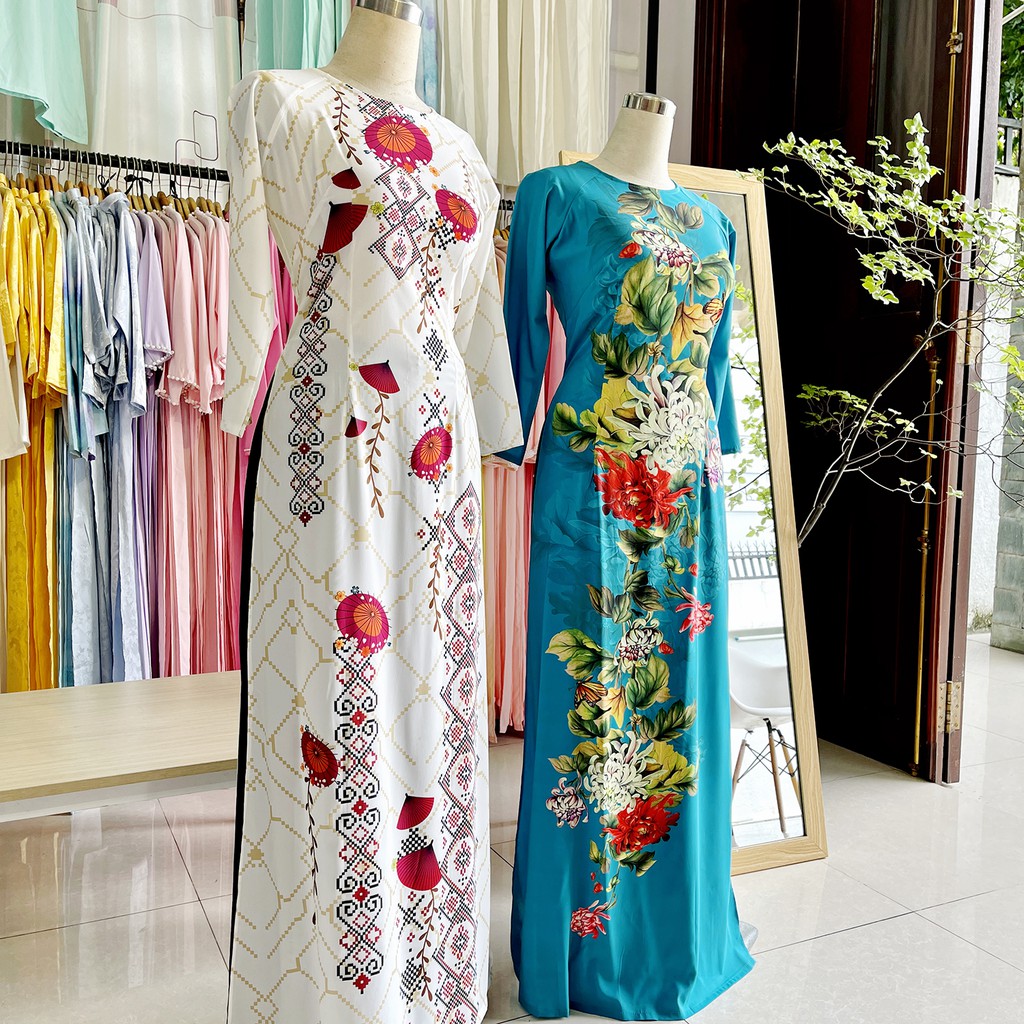 Áo dài in hoa 6D sang trọng - có size lớn Áo dài mẹ bà sui