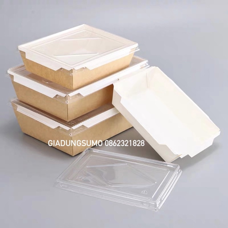 10 Hộp giấy kraft nắp nhựa trong đựng thức ăn 1200ml