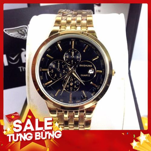 Đồng hồ nam Baishuns dây kim loại 306 mặt đen khung thép mạ vàng sang trọng TẶNG kèm hộp sản phẩm - Hàng nhập khẩu