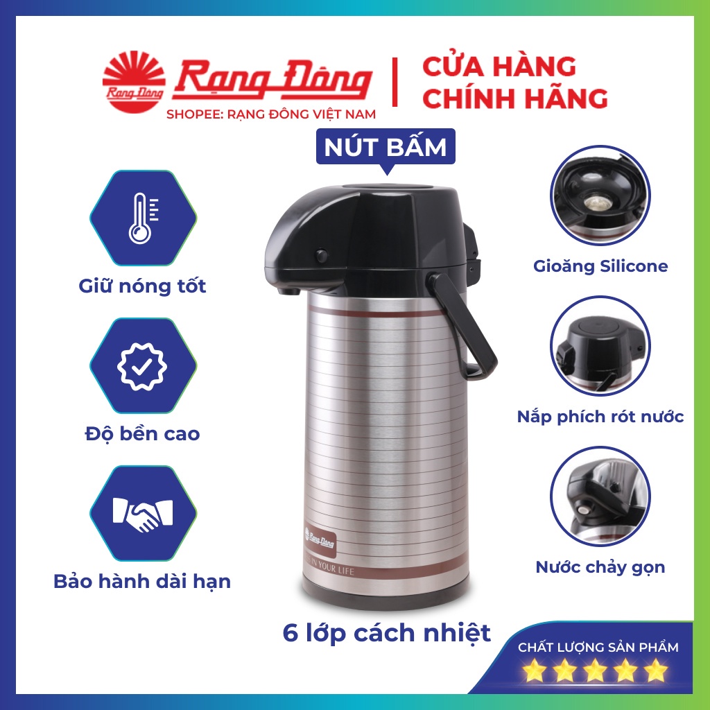 ❁♝Phích nước Rạng Đông 2 lit, nút bấm cao cấp,chất liệu inox, Bình thuỷ cafe giữ nhiệt, Model RD 2045ST3.E