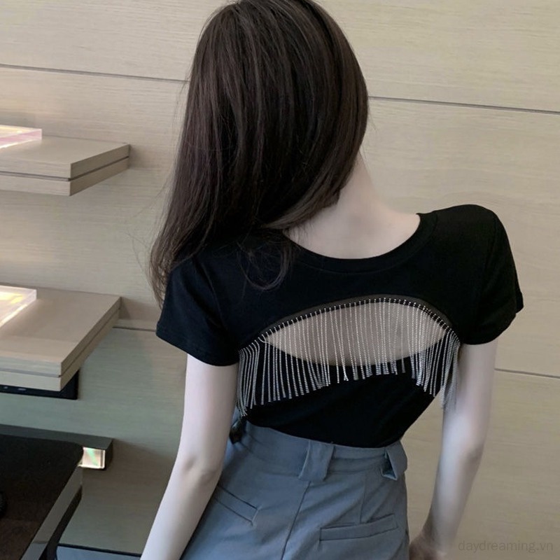 Áo Croptop Dệt Kim Tay Ngắn Dáng Ôm Phối Tua Rua Trọng Lượng Nhẹ Thời Trang Cho Nữ