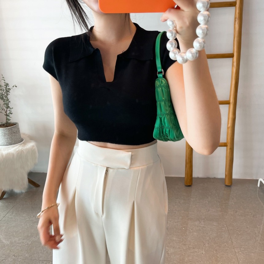 Áo thun dệt kim dáng ôm màu trơn gợi cảm cho nữ