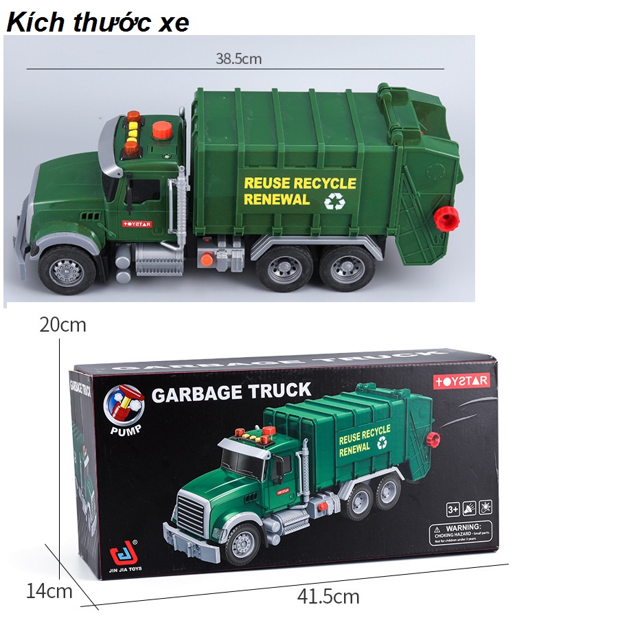 Xe ô tô chở rác đồ chơi trẻ em mô hình xe cỡ lớn có âm thanh và đèn kèm 3 thùng rác  hãng Toystar