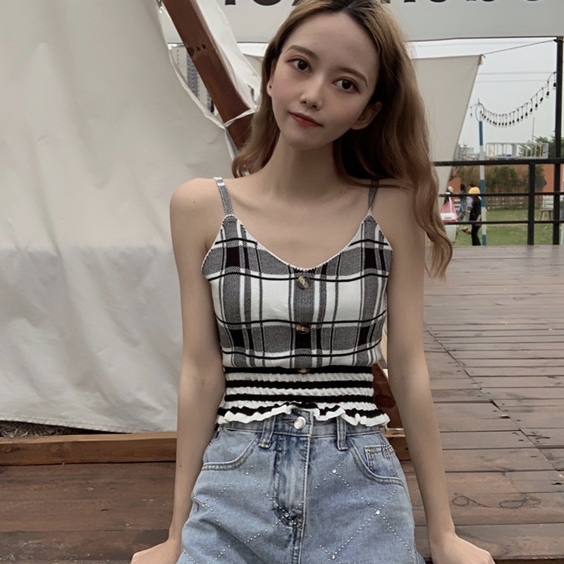 Áo Hai Dây Cổ Chữ V Họa Tiết Kẻ Caro Phong Cách Hàn Quốc