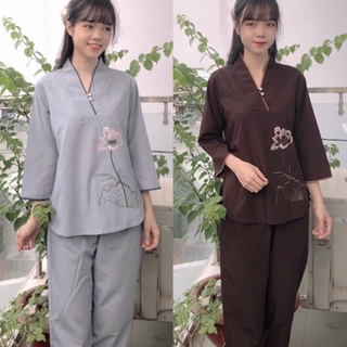 ĐỒ LAM ĐI CHÙA Nút Ngọc Cổ Tim thêu hoa sen dành cho nữ