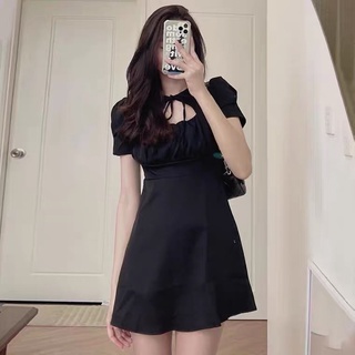 Đầm cổ tàu tay phồng cột nơ cổ Ulzzang