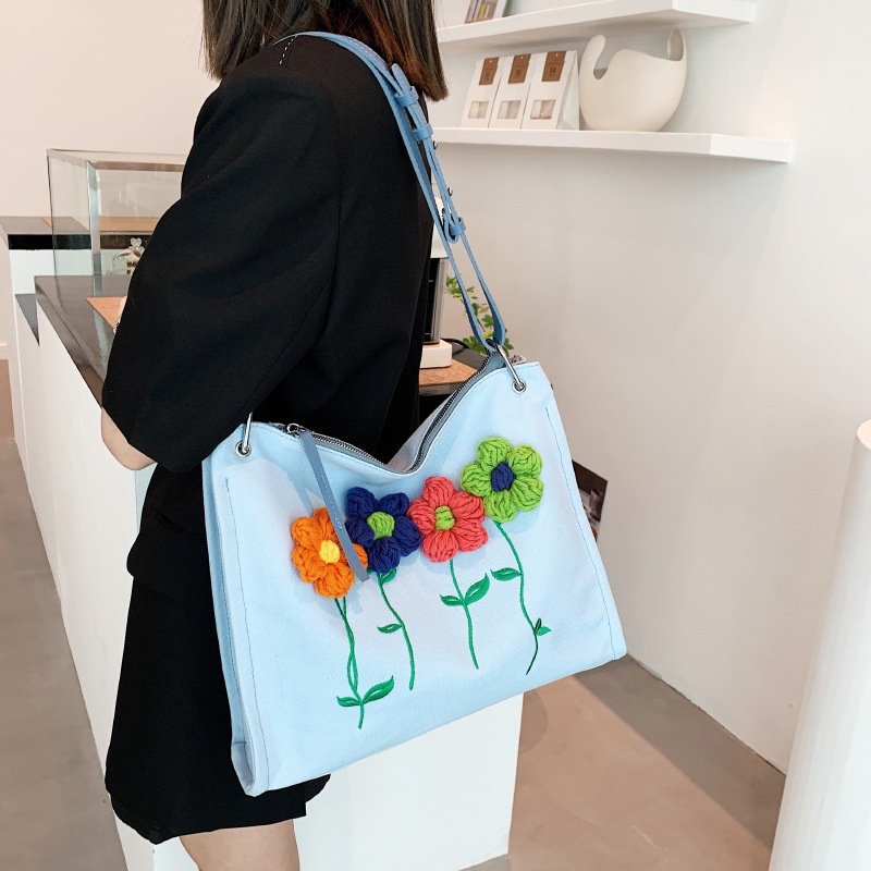 Túi vải canvas đeo vai IELGY thêu họa tiết sức chứa lớn cho nữ