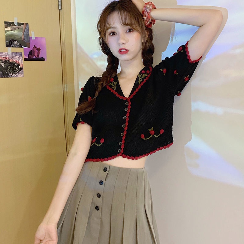 Áo khoác cardigan dệt kim mỏng tay ngắn thêu họa tiết phong cách retro Pháp thời trang xinh xắn cho nữ