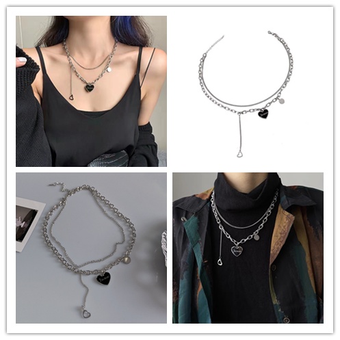 Vòng cổ Hai Lớp Hình Trái Tim Màu Đen Phong Cách Hip Hop Hàn Quốc Thời Trang