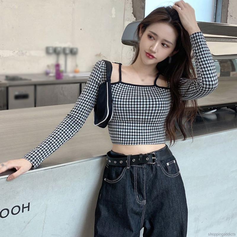 Áo dài tay cổ vuông họa tiết sọc ca rô phong cách xinh xắn thời trang cho nữ