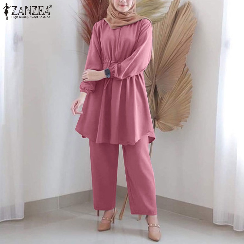 Set đồ ZANZEA gồm áo tay dài cổ tròn và quần dài ống rộng phong cách hồi giáo thời trang cho nữ