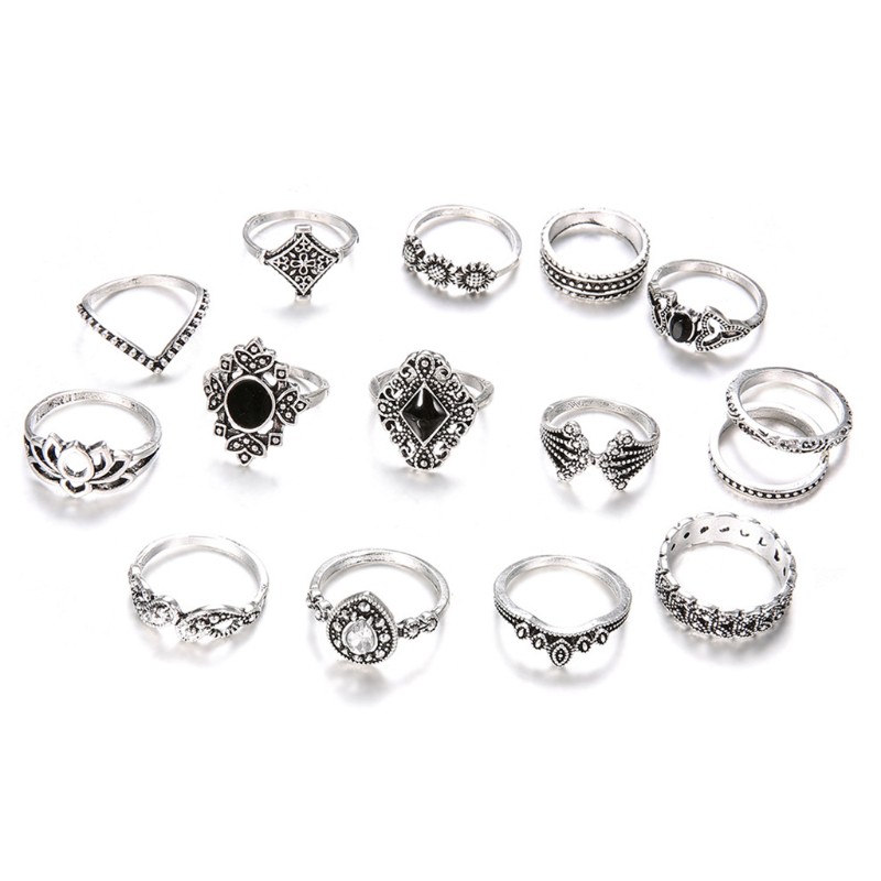 Set 15 nhẫn đeo khớp ngón tay bằng hợp kim phong cách vintage thời trang cho nữ