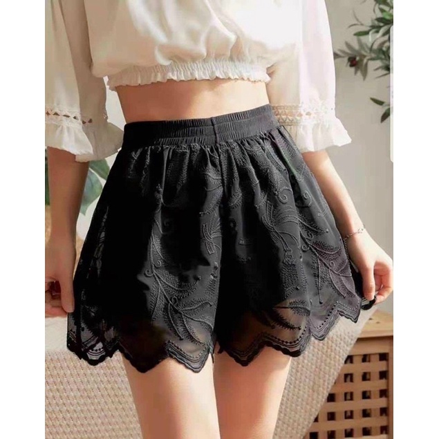 Quần sóc nữ pha ren cạp chun viền kiểu zic zắc hàng QC