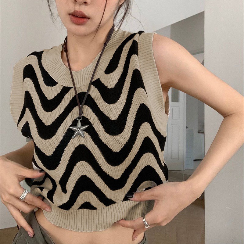 Áo Sweater Dệt Kim Sát Nách Mềm Mại Cổ Tròn Kẻ Sọc Gợn Sóng Kiểu Hàn Quốc Cho Bạn