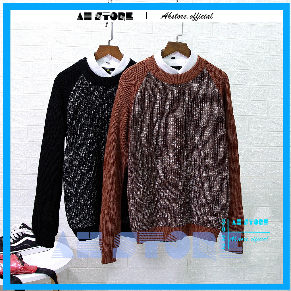 Áo len nam cổ tròn dệt len hạt gạo thân tiêu, Áo len nam cao cấp dày dặn phối màu trẻ trung cá tính - AHSTORE