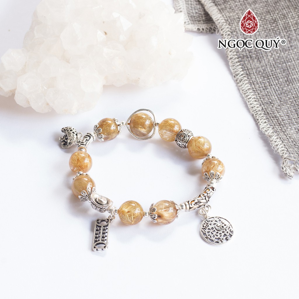 Vòng tay TA tóc vàng mix charm bạc segenitic quartz - Ngọc Quý