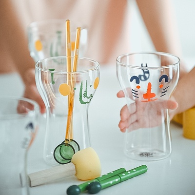 Bình Nước Thủy Tinh Trong Suốt In Hình Hoạt Hình Đáng Yêu 350Ml Tiện Dụng