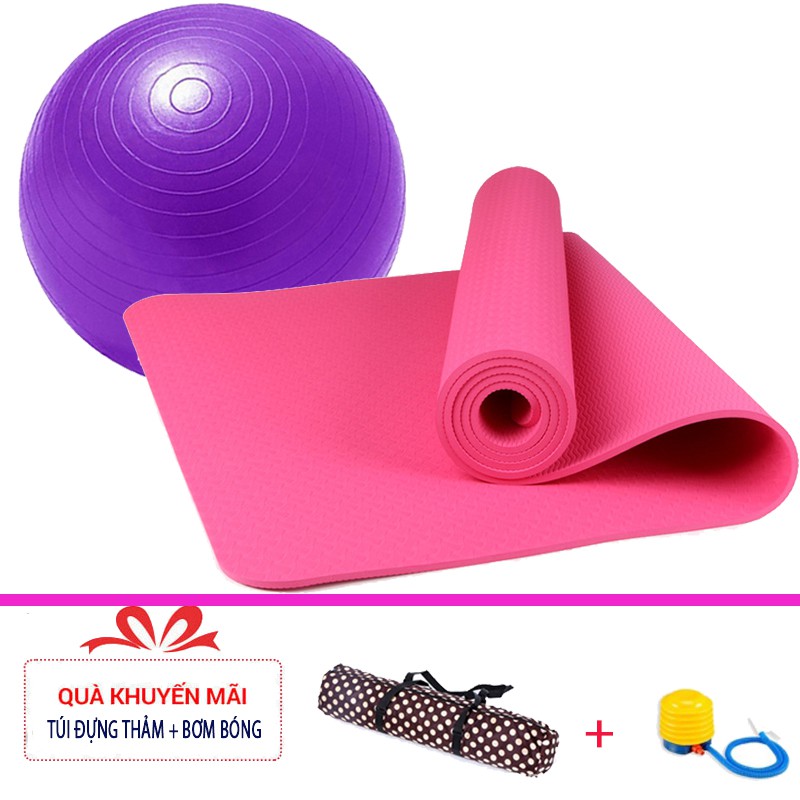 Combo thảm tập yoga TPE 1 lớp 8mm + Bóng tập yoga cao cấp (Tặng túi đựng thảm và bơm bóng)