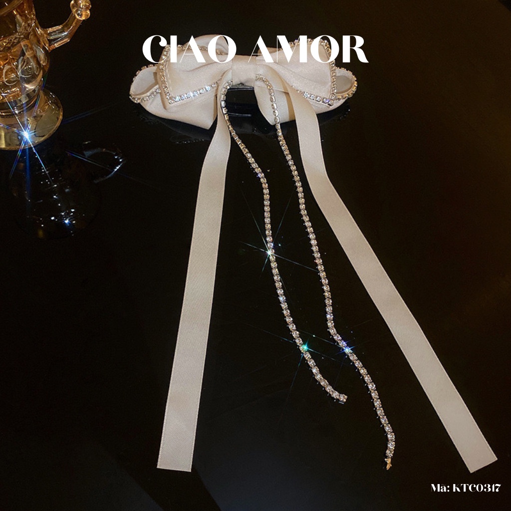 Kẹp tóc nữ, Kẹp nơ lụa nơ đính đá dây dài tiểu thư công chúa Phụ kiện tóc Trang sức Ciao Amor - KTC0317