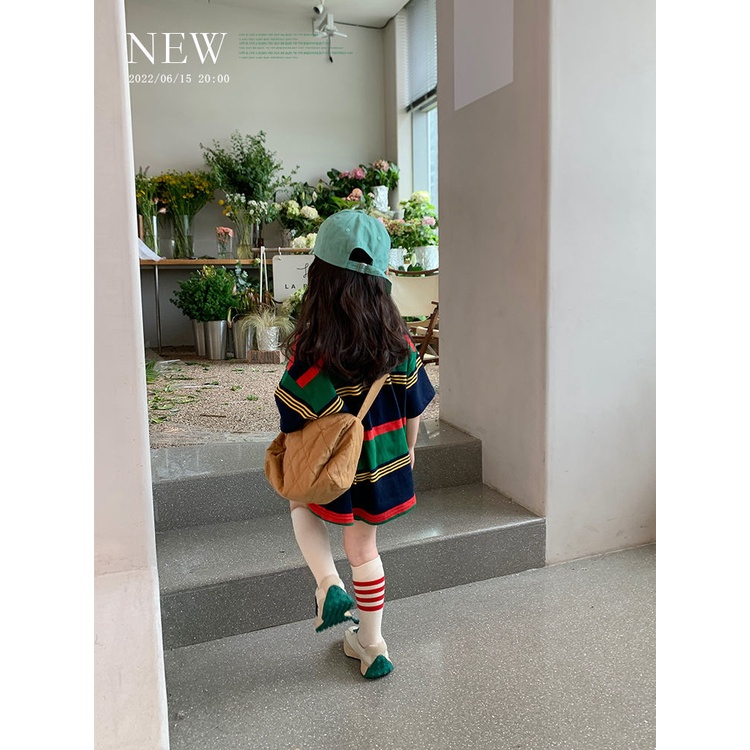 Áo Thun Cotton Dáng Dài Họa Tiết Kẻ Sọc Màu Sắc Tương Phản Phong Cách Hàn Quốc Thời Trang Mùa Hè Cho Nữ