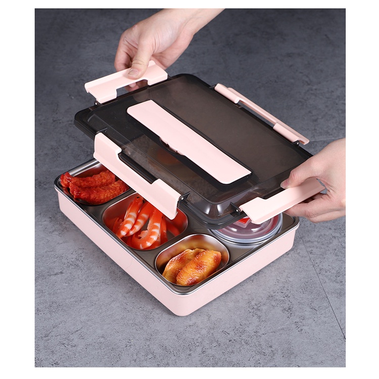 Hộp đựng cơm văn phòng 5 ngăn inox giữ nhiệt có quai xách tiện lợi( kèm thìa, đũa) và có giá đỡ điện thoại đi kèm