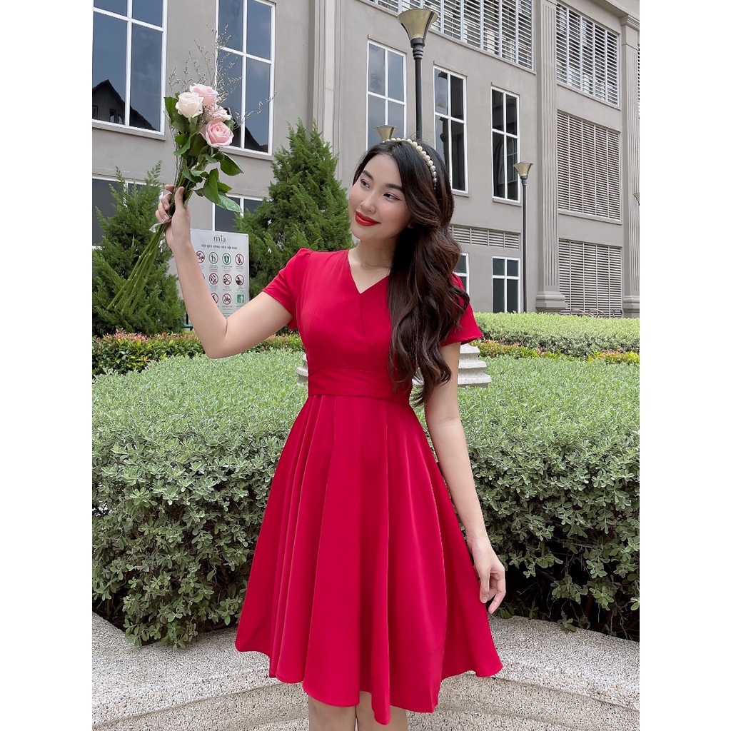 Đầm xòe tạo kiểu cổ V đắp chéo nhún ngực Katia dress C519 Cin House