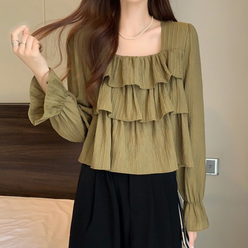 Áo Sơ Mi Cổ Vuông Ba Lớp Mỏng Phong Cách Thời Trang Mùa Thu Hàng Mới