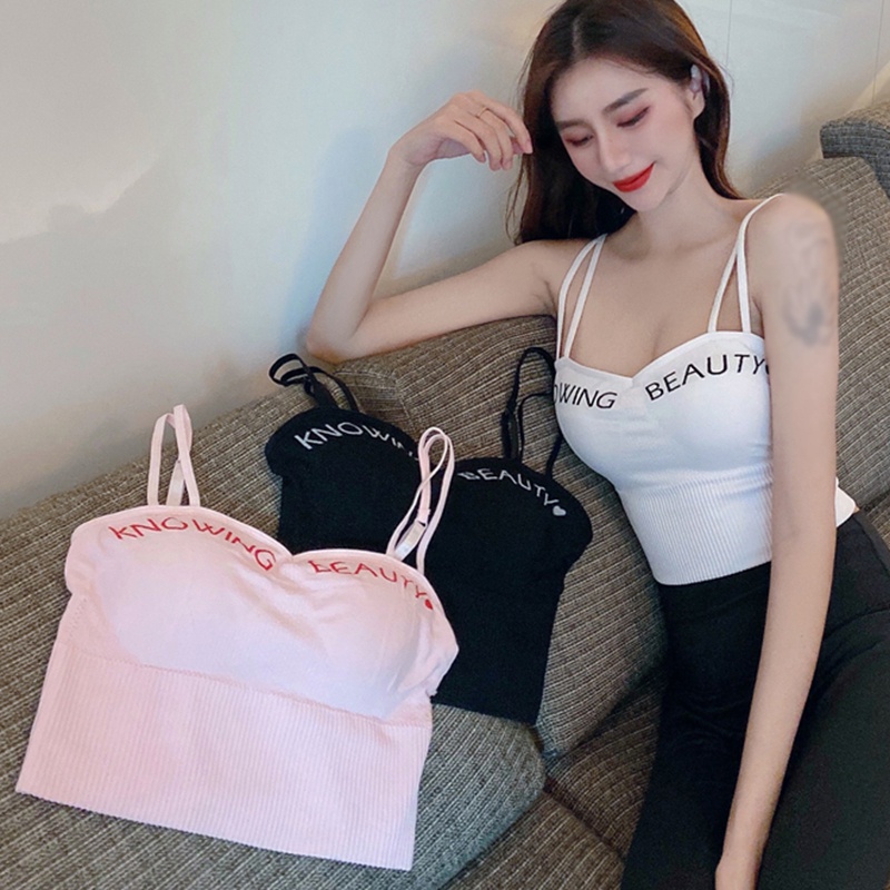 Áo Croptop Dệt Kim Không Tay In Chữ Có Mút Đệm Ngực Phong Cách Hàn Quốc Dành Cho Nữ