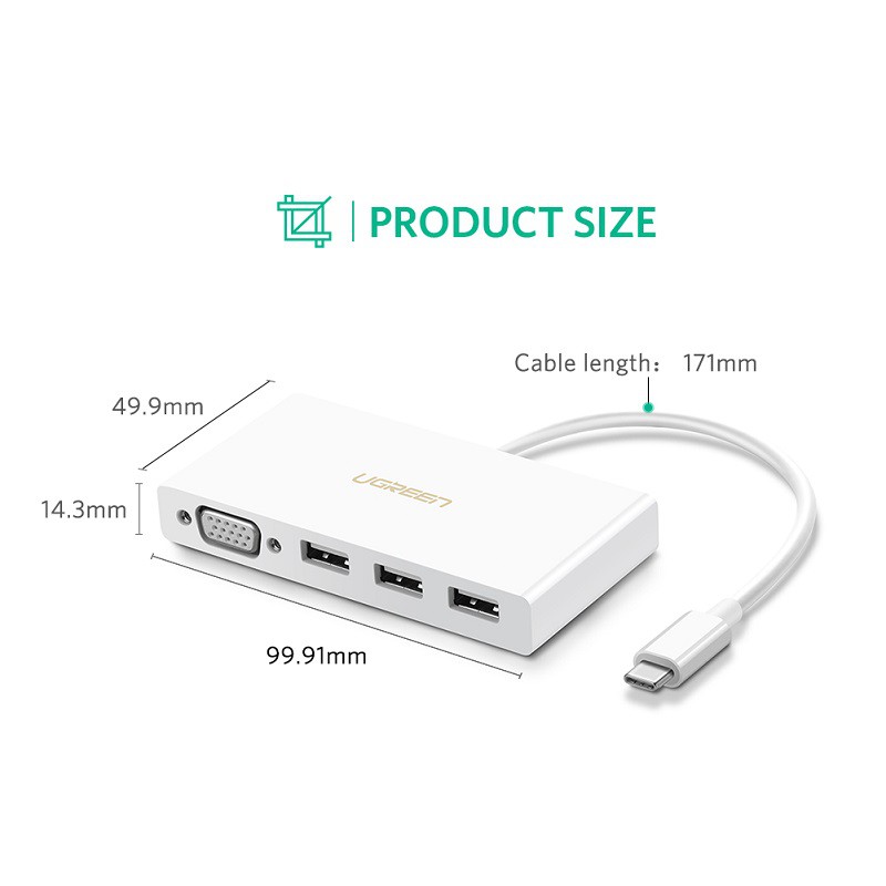 Cáp chuyển USB Type C to VGA, 3*USB 3.0 UGREEN - 40375 Cao Cấp