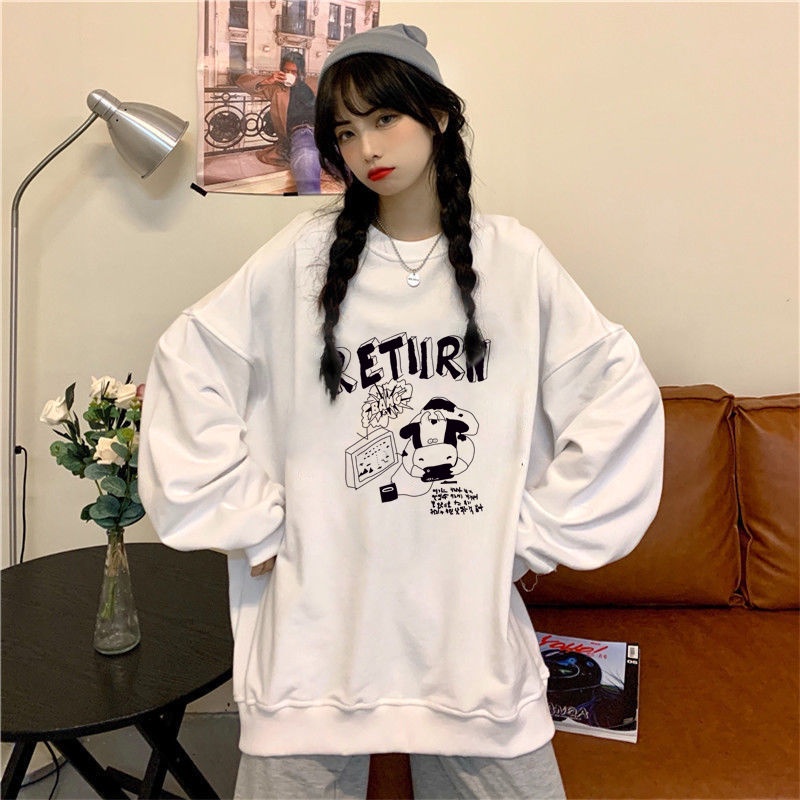 Áo Sweater Mỏng Cổ Tròn Dài Tay Dáng Rộng In Chữ Phong Cách Hàn Quốc Thời Trang Cho Nữ