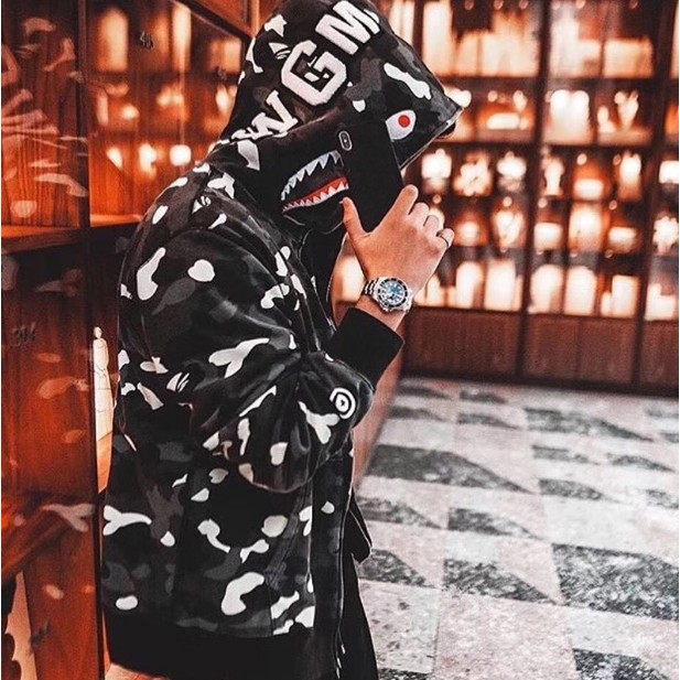 New A Bathing Ape Bape WGM Shark Camouflage Hoodie Sweater Men Women Casual Jacket Luminous