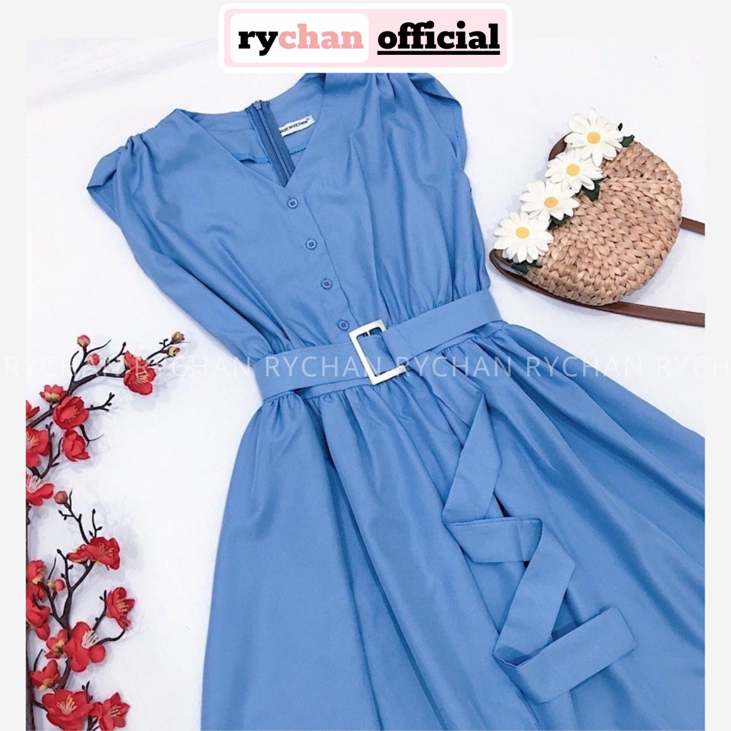 Đầm Nữ Dự Tiệc Form Dài Cổ V Tay Con Nút Trước Kèm Belt Màu Xanh Đen [ẢNH THẬT CUỐI] - DX9918