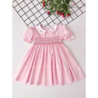 Đầm smock annie hồng phấn cổ viền ren