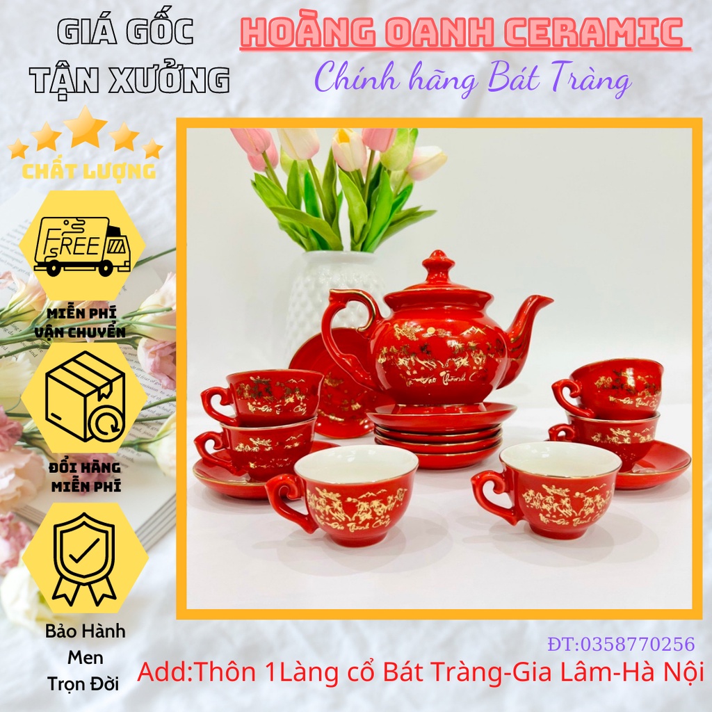 (CHỌN MẪU)Bộ Ấm Chén Pha Trà-hàng nhà lò chuẩn Bát Tràng - vẽ Mã Đáo Thành Công,men Đỏ,viền Vàng kim-dáng ấm Phú Quý