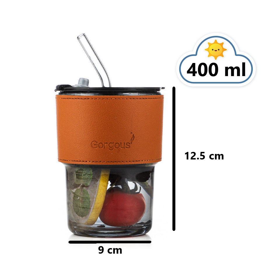 Ly thủy tinh gorgous daisy vỏ da cao cấp có nắp 2 lớp dày trong suốt tặng kèm ống hút