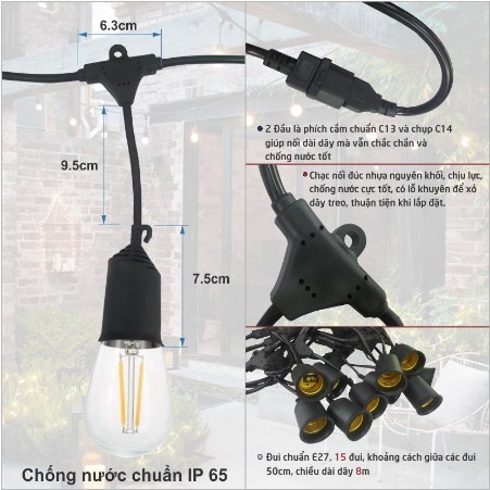 Bộ dây treo kín nước dài 10m 15 đuôi đèn e27