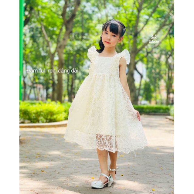 Đầm váy trắng ren thêu bé gái tiểu thư cao cấp haivanco 10 đến 40 kg dễ thương mềm mại thoáng mát đi học đi chơi đẹp