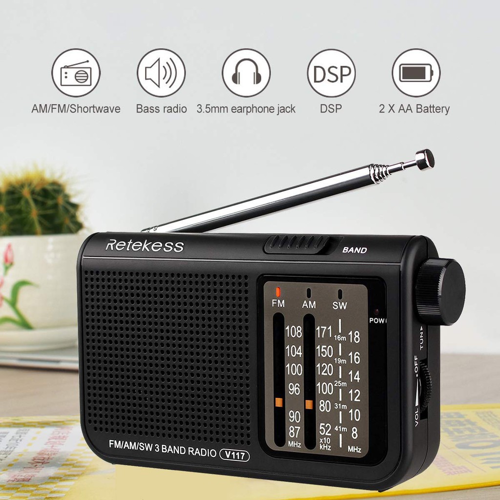 Radio Cầm Tay Retekess V117 FM AM SW Tích Hợp Nút Điều Chỉnh Màu Đen Dành Cho Người Lớn Tuổi