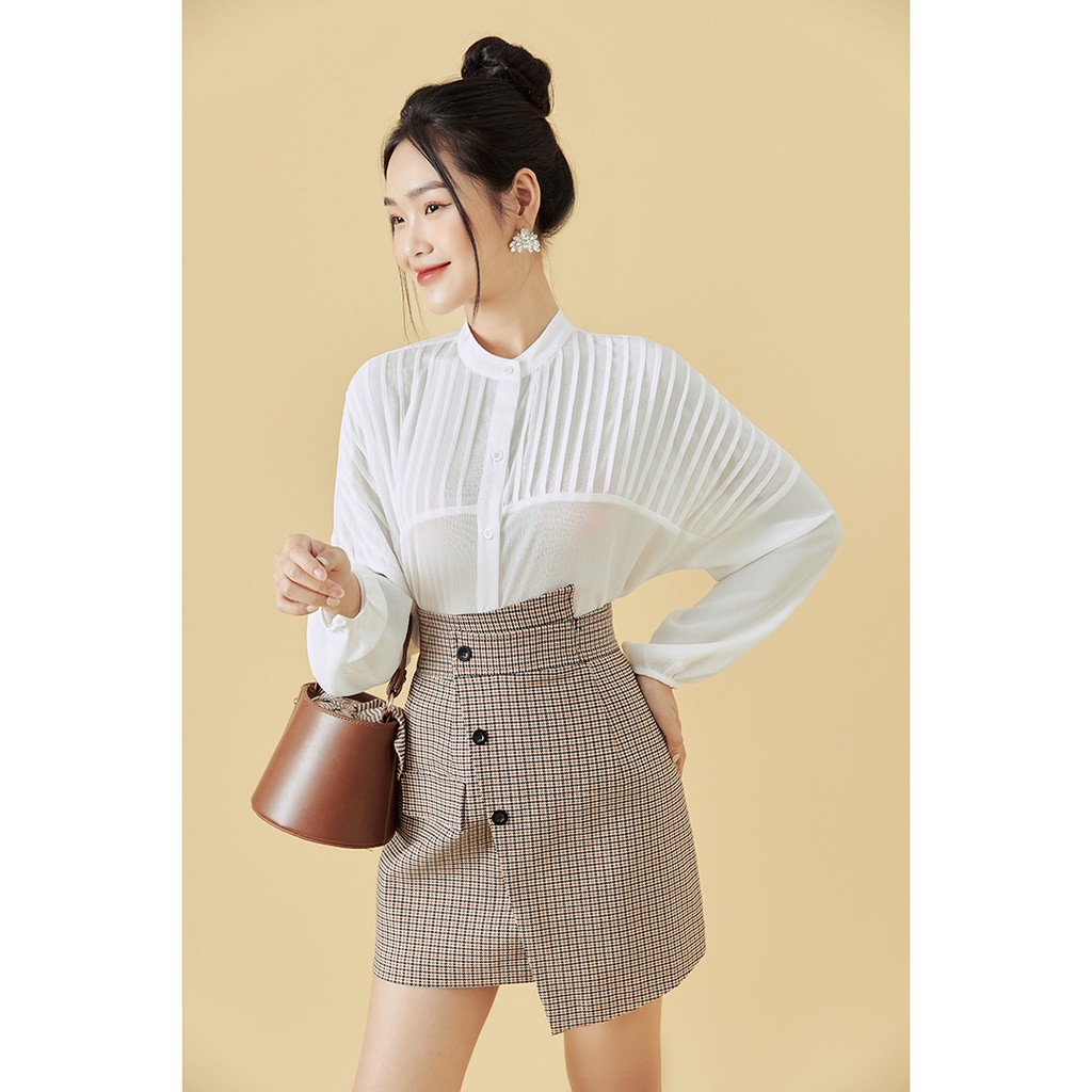 Áo sơ mi nữ dài tay cổ tàu 20Sexy by 20AGAIN tay áo bồng chất voan xước cao cấp ASA1720