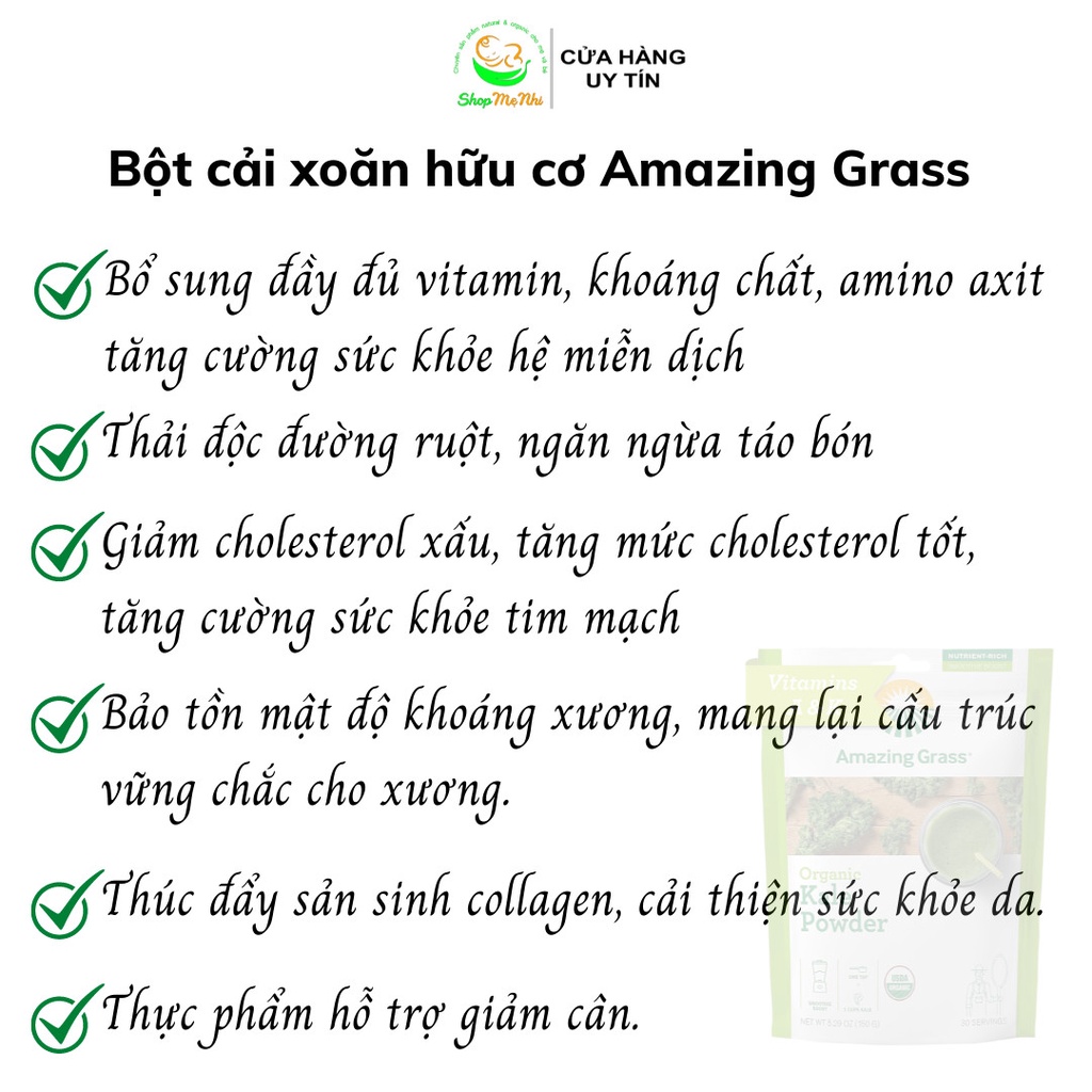 Bột rau cải Kale hữu cơ Amazing Grass Organic Kale Powder 150g.