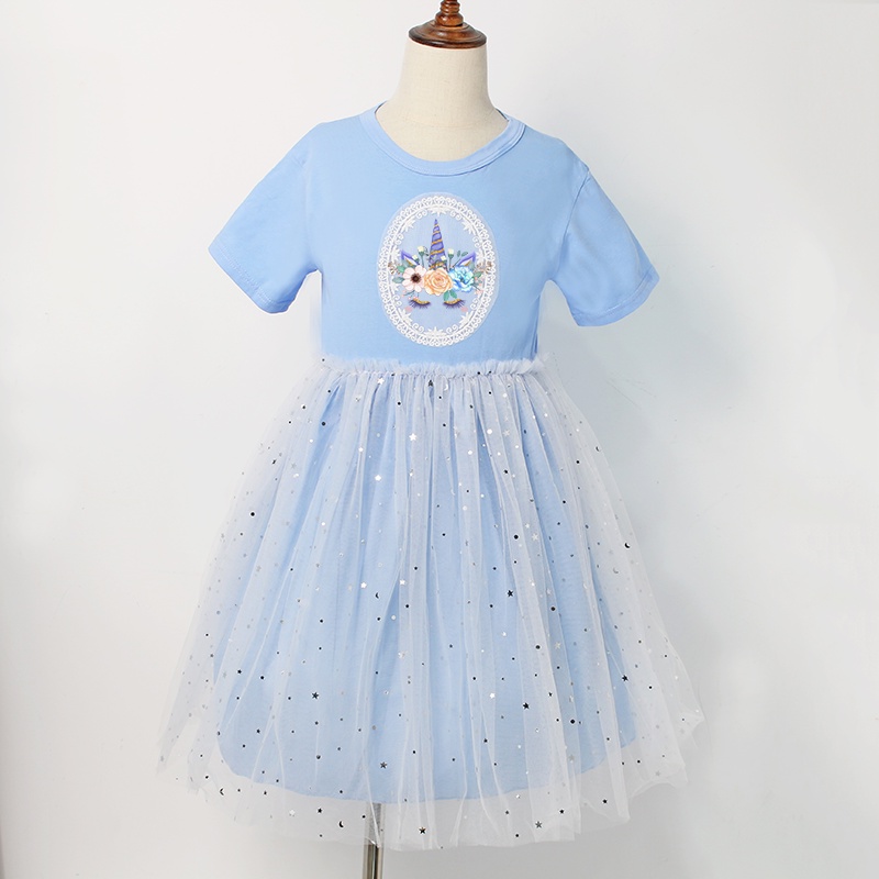 Đầm công chúa chất liệu cotton mềm mại phối ren hình kỳ lân đính kim sa thời trang cho bé gái 2021