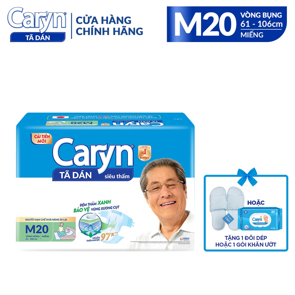 [Mã FMCG8 - 8% đơn 250K] [TẶNG 1 GÓI KHĂN ƯỚT/ DÉP CHỐNG TRƯỢT] Tã Dán Người Lớn Caryn Siêu Thấm Size M20 Miếng Gói Đại