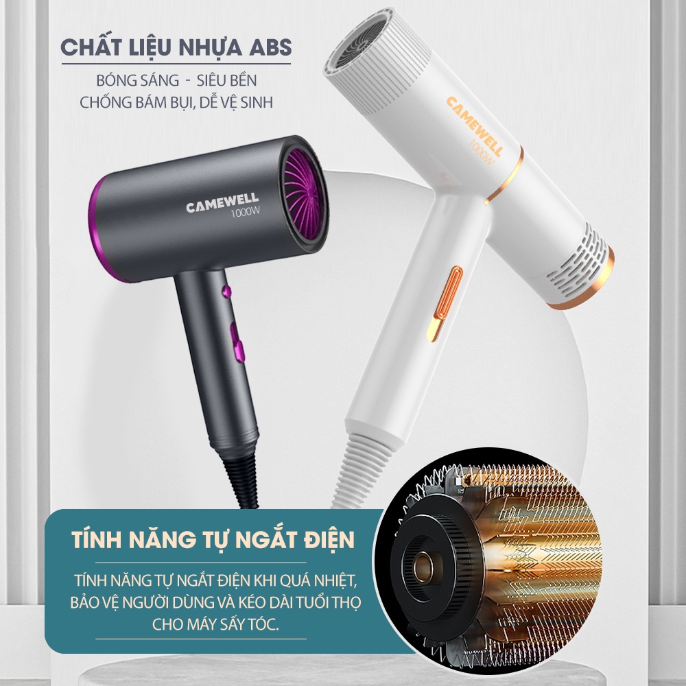 Máy sấy tóc mini CameWell chính hãng tạo kiểu tóc chuyên nghiệp 1000W 2 chiều nóng lạnh