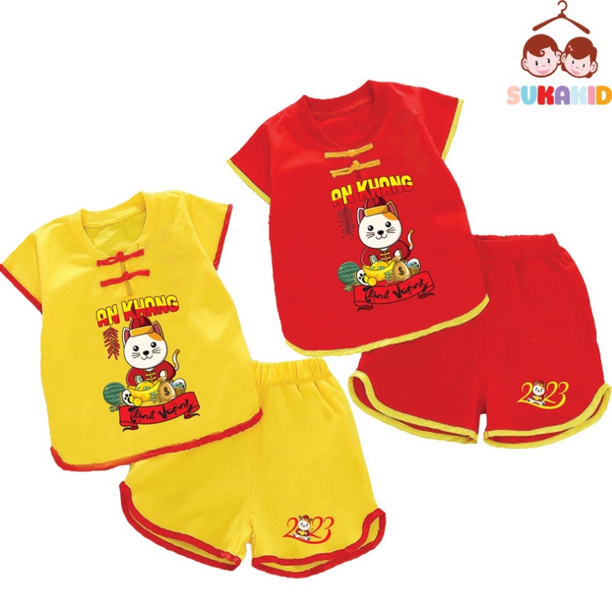 Gía sỉ Combo 2 Bộ quần áo tết hình mèo an khang thịnh vượn bé nút tàu tết bé từ 6kg-29kg.NT08.