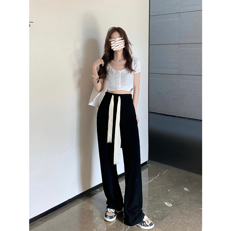 HUANG YOYO Quần Thể Thao Dây Rút Ống Rộng Kẻ Sọc Thời Trang Phong Cách Hàn Quốc Cho Nữ