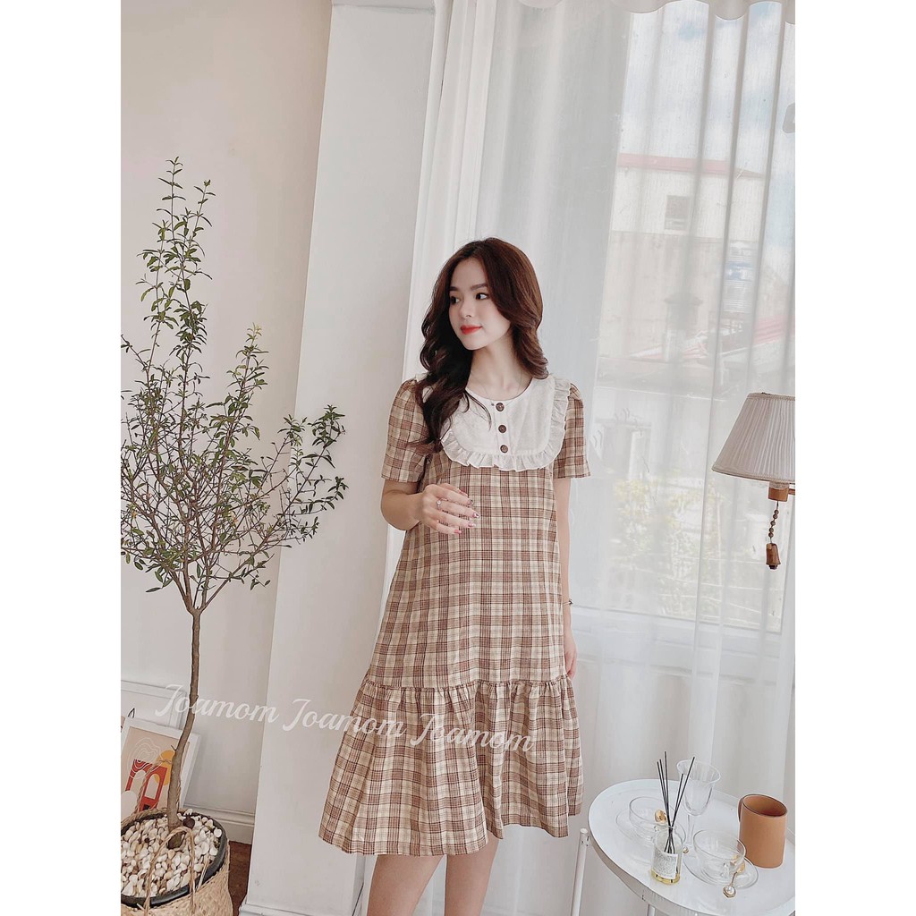 Váy đầm bầu đẹp đuôi cá kẻ cảo trẻ trung cổ phối bèo Joamom V140