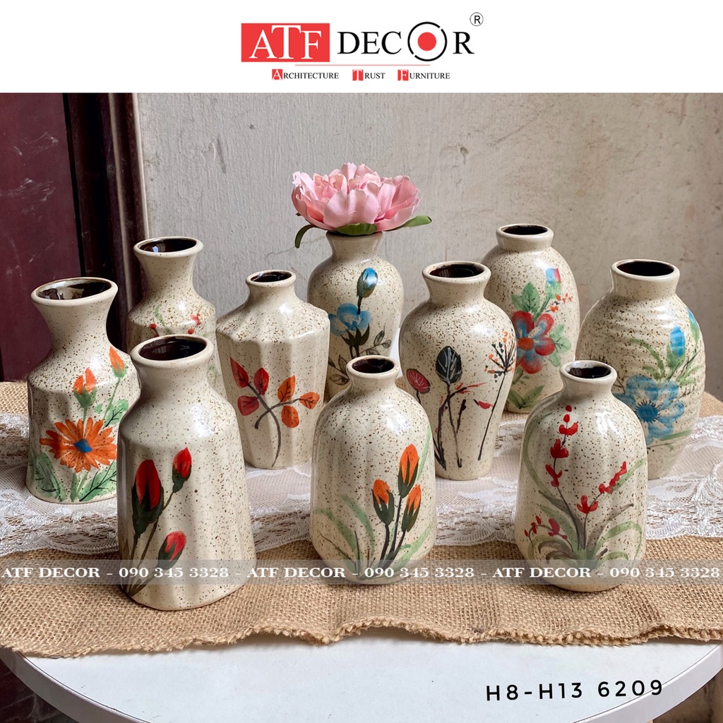 Lọ hoa, bình cắm hoa trang trí men trứng gốm sứ Bát Tràng họa tiết vẽ tay - ATF Decor